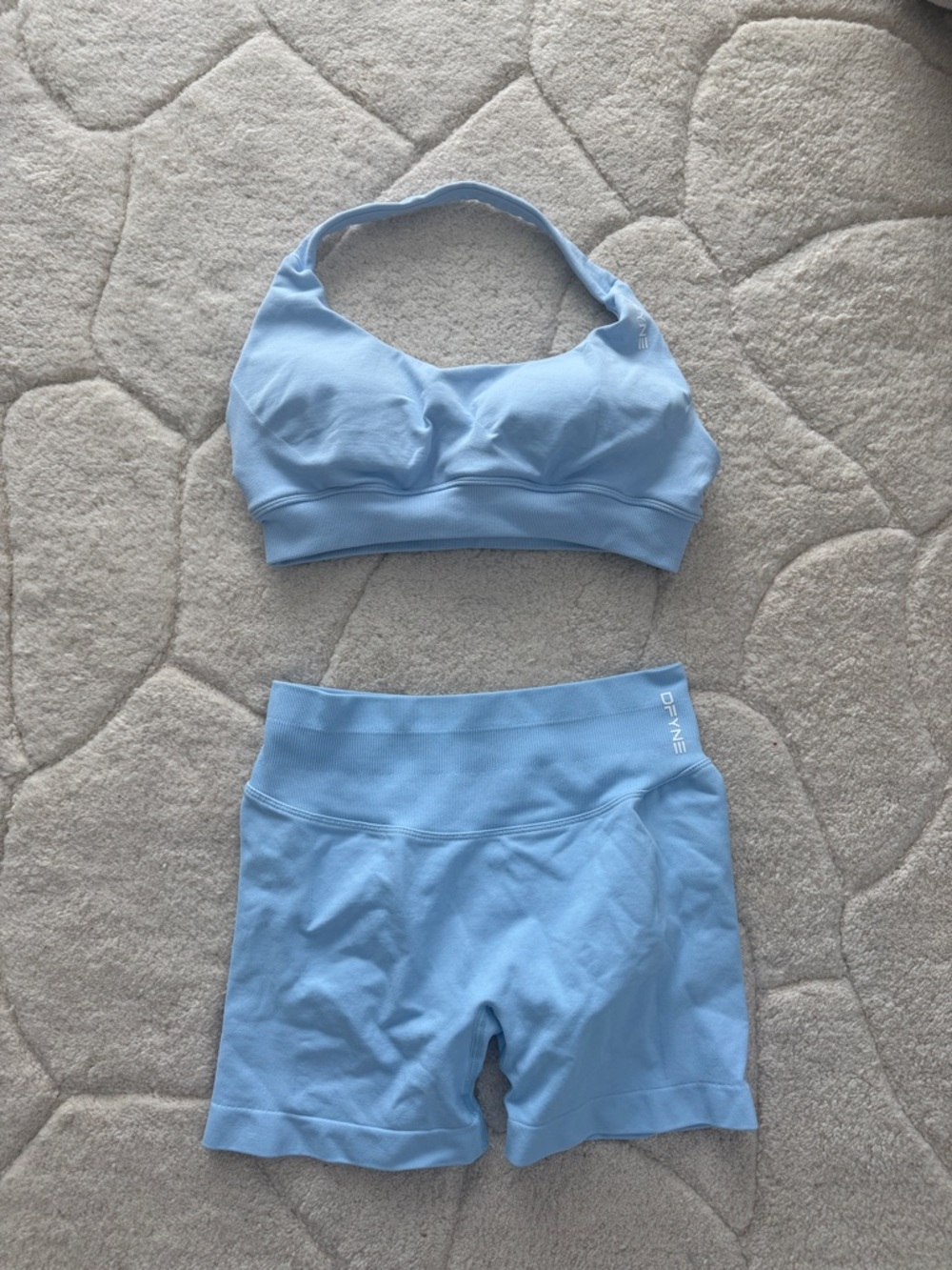DFYNE Women's Light Blue Athletic Shorts AND BRA SET - High-Waist Performance